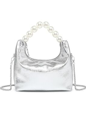 Pearl Handle Silver Metallic Shoulder Bag